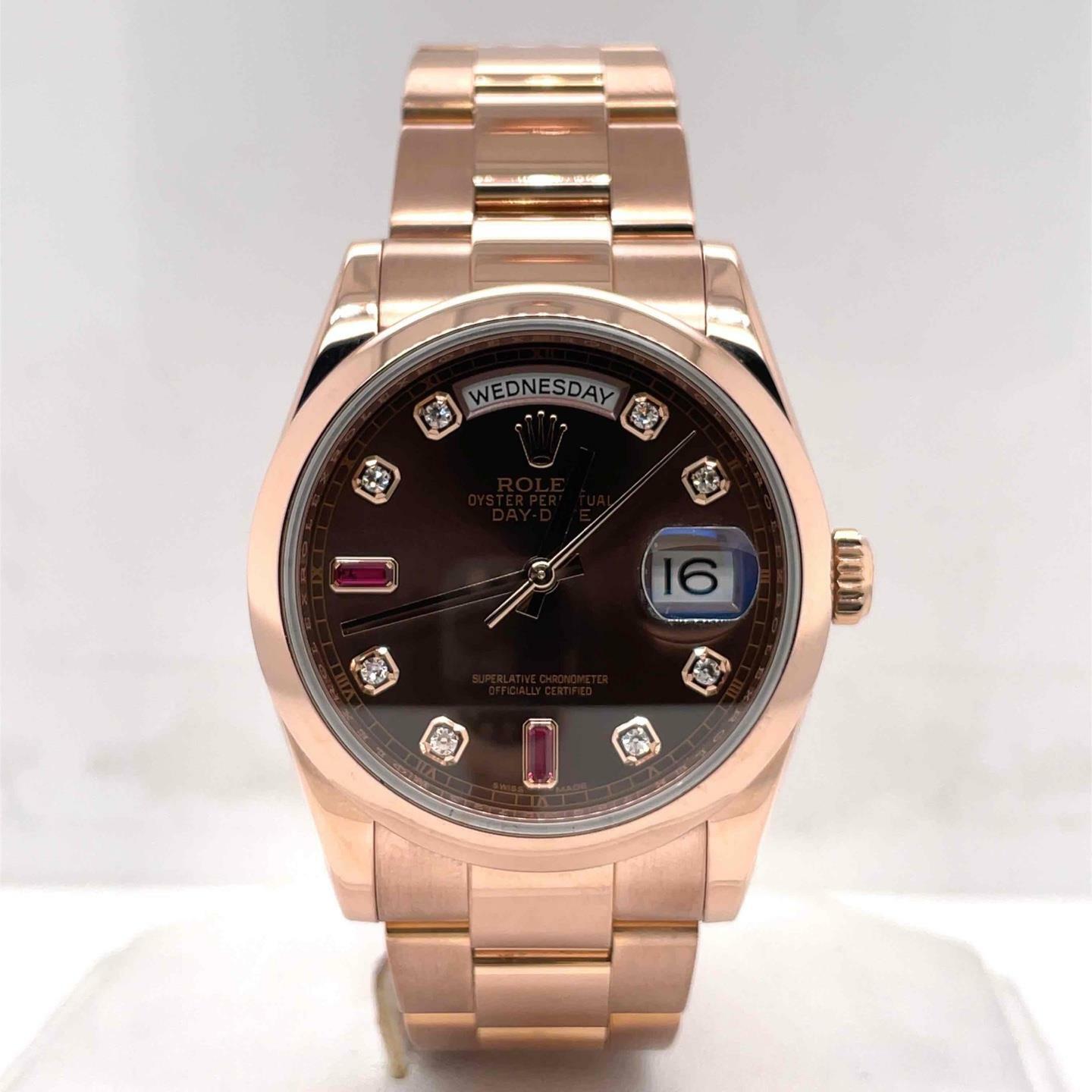 Rolex Day-Date 36mm Automatic 18k RoseGold Chocolate Diamond & Ruby Dial 118205