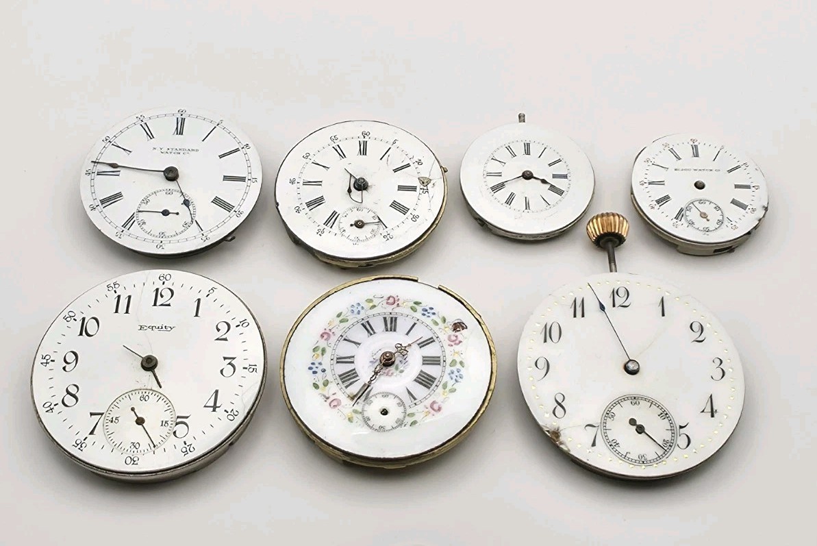 Vtg Lot Of 7 Mechanical Pocket Watch Movements For Parts Or Repair Equity Bijou