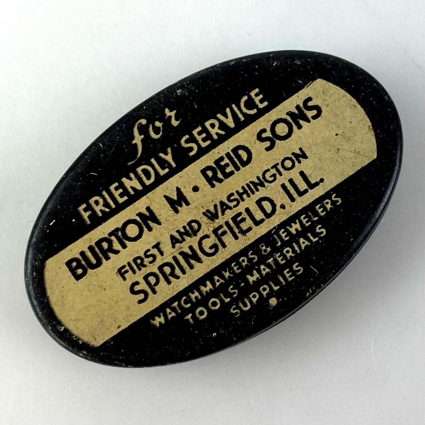 BURTON M REID JEWELER WATCH TIN Springfield Illinois IL Tools Materials Oval Vtg