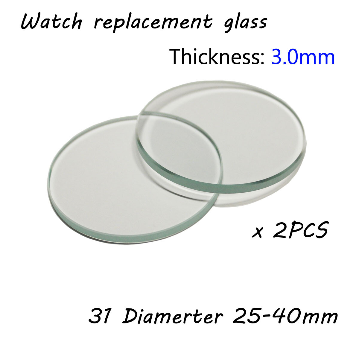 2Pcs 3.0mm Flat Round Watch Crystal Glass 25mm-40mm Replacement Lens Repair Tool