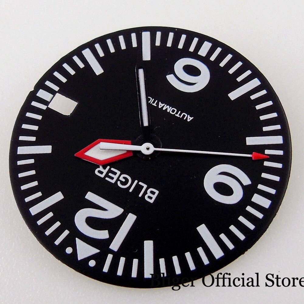 BLIGER fit NH35A Green Luminous 29mm BLACK Watch Dial Date Calendar Window Hand