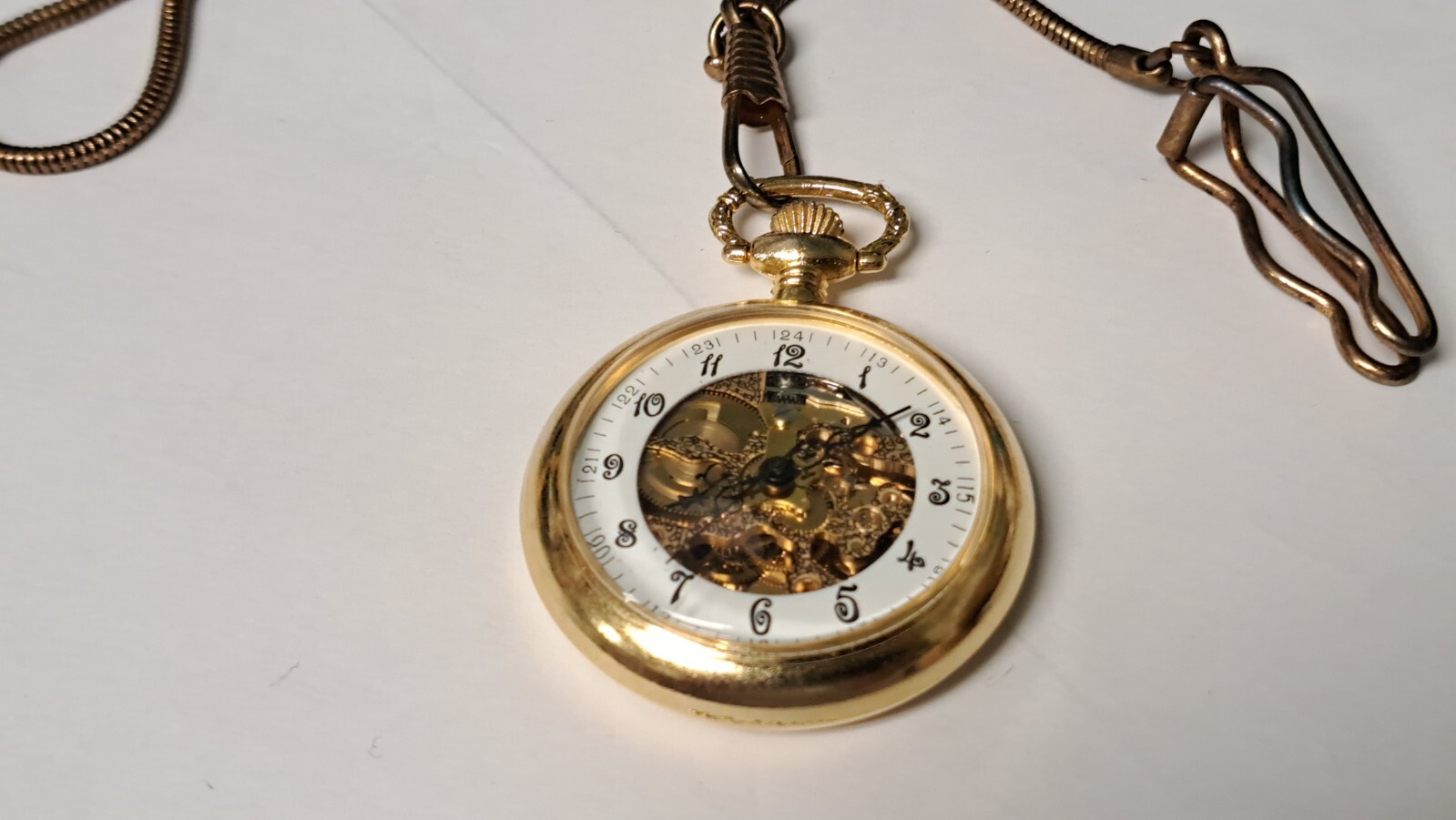 Hong Kong Pocket Watch and chain Skeleton Watch Yellow 12-24 hour dial Louis XIV