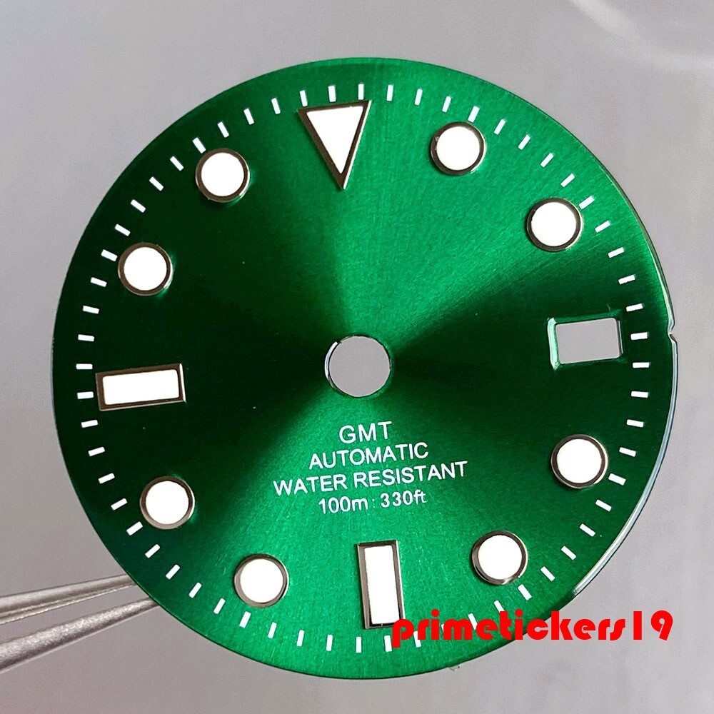 29mm NH34 GMT Watch Dial Black/Blue/Green Sterile Face Hands Set Date Luminous