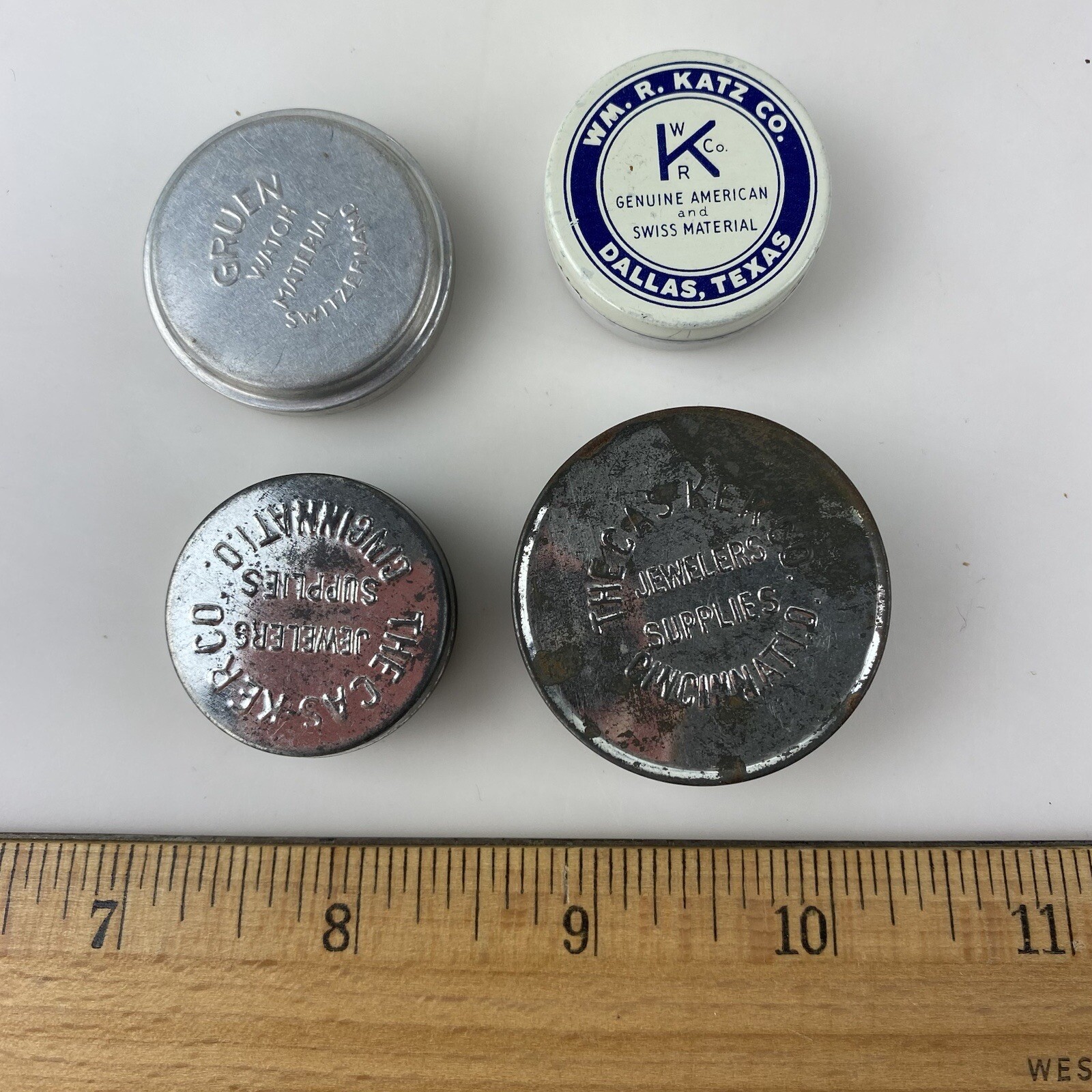 LOT 4 JEWELERS WATCH TINS Gruen Casker Katz Parts Texas Switzerland Ohio Vtg