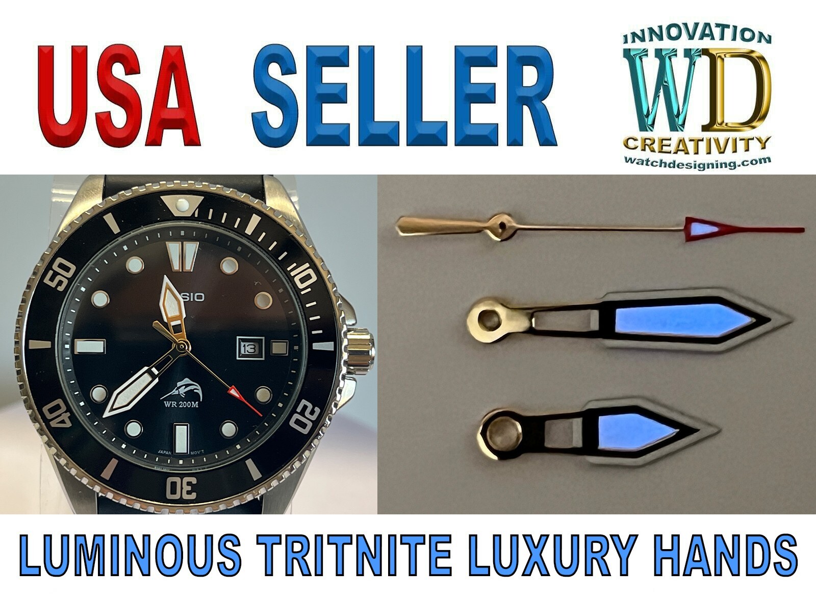 Watch hands Casio Duro MDV106 dial Luminous GOLD Tritnite parts120/70/20 Blue