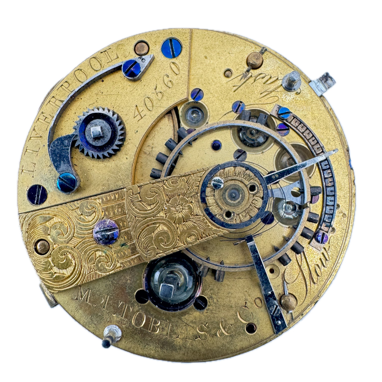 Antique 44mm M.I. Tobias Roman Dial Key Wind Fusee Pocket Watch Movement Britain
