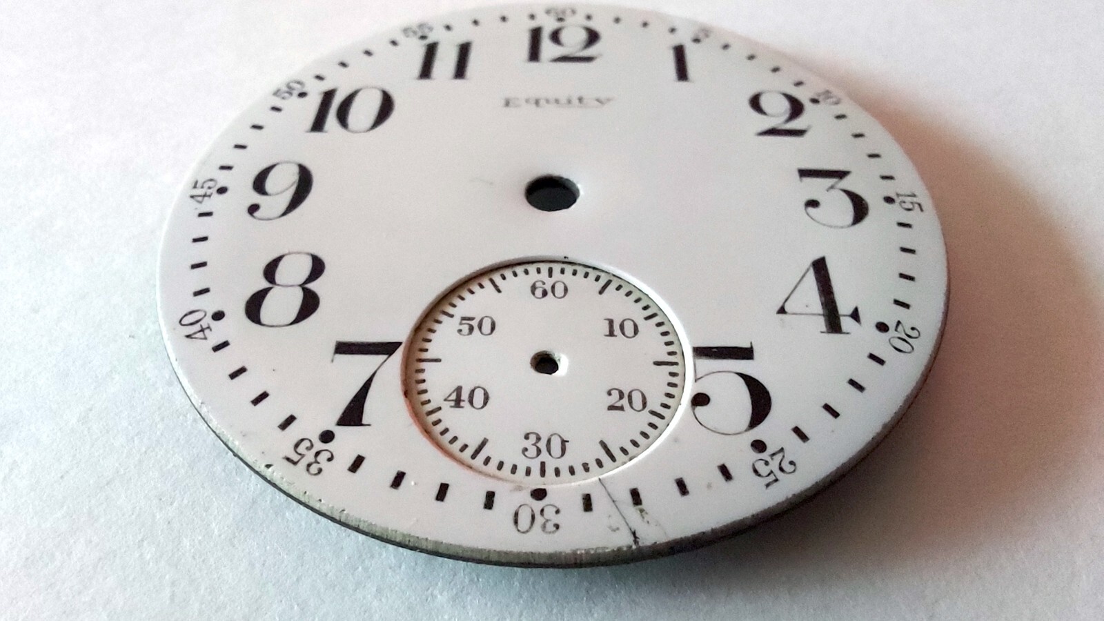 Vintage Original Pocket Watch Dial Equity 42mm 3 Feet Single Sunk White Arabic