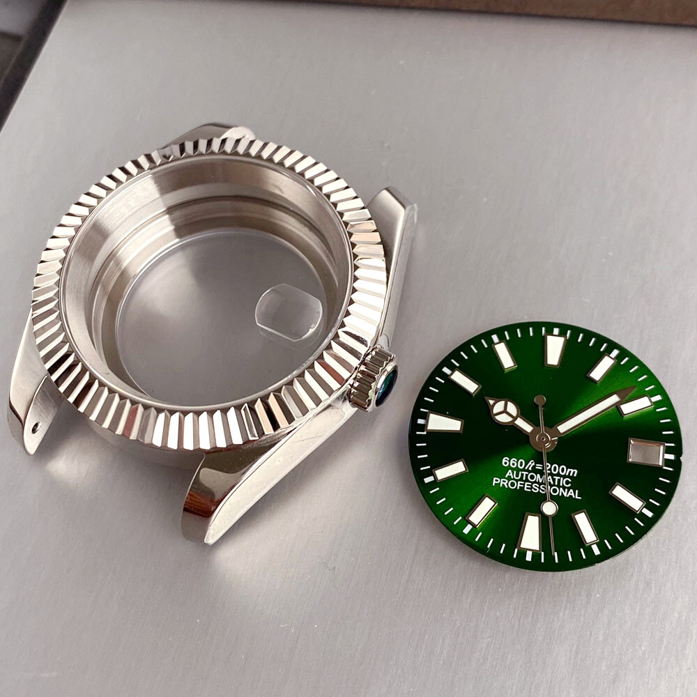 36mm Polished Diving Watch Case Sunburst Green Watch Dial Face fit NH35A NH36A