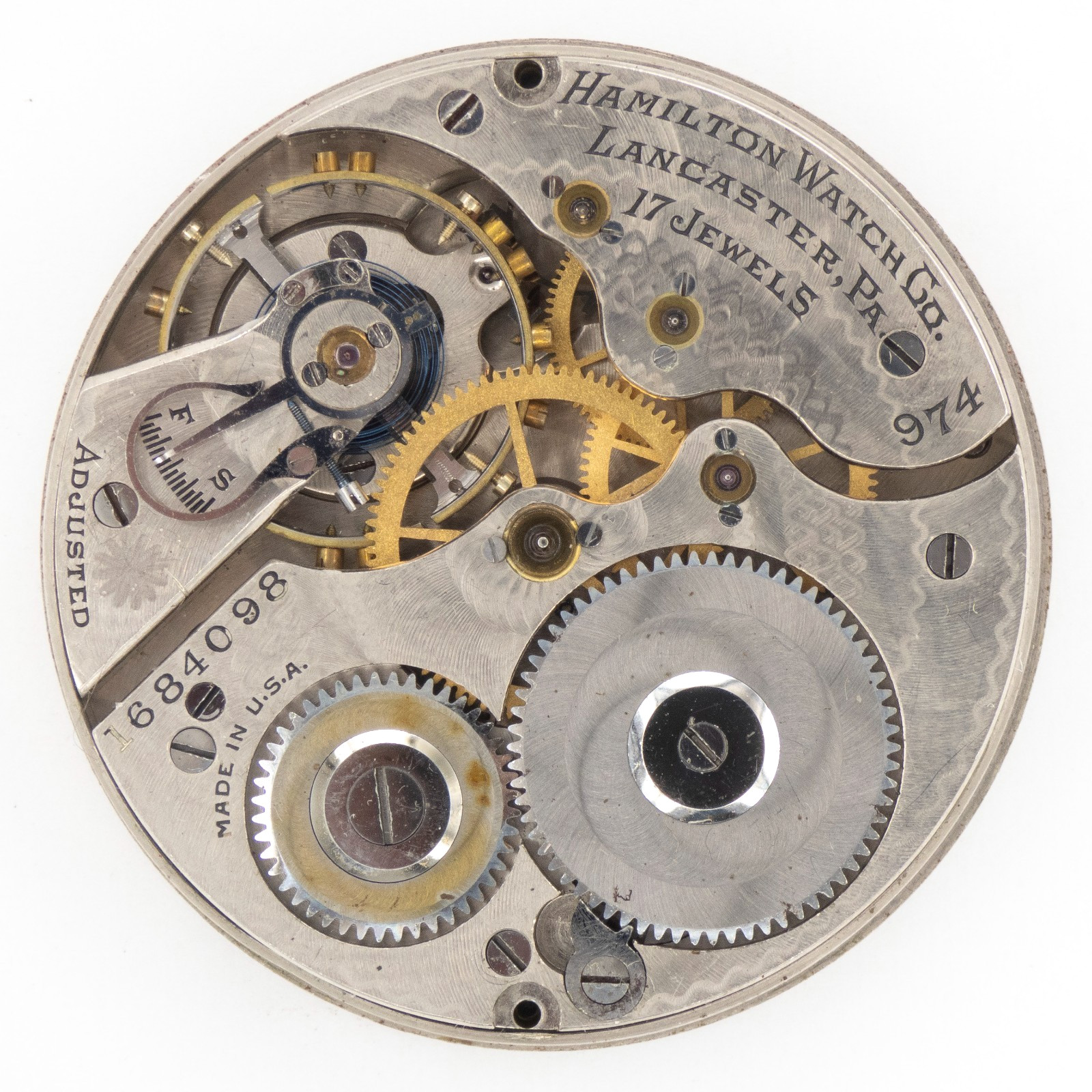 Hamilton Grade 974 Model 2 16-Size 17-Jewel Antique Pocket Watch Movement