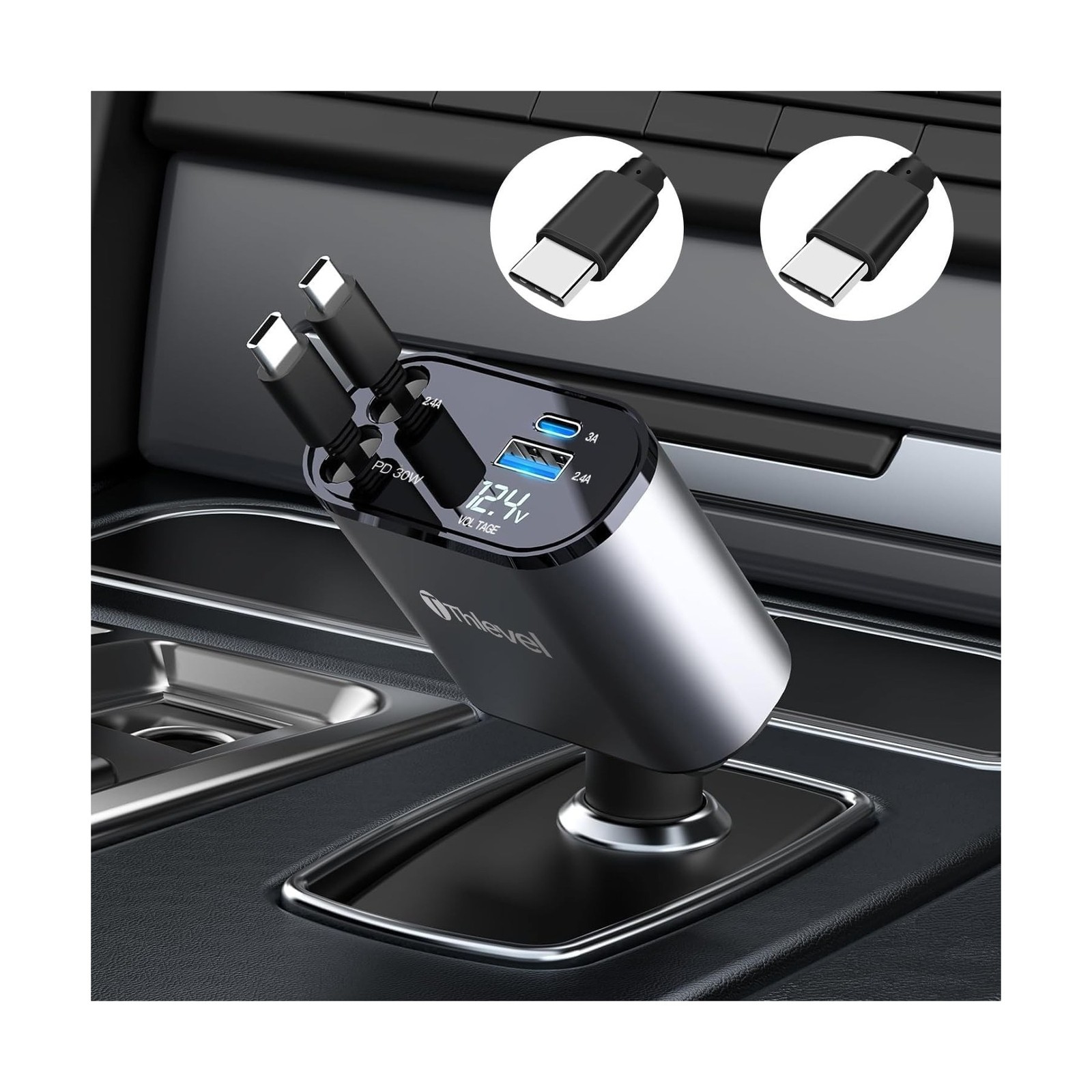 Retractable Car Charger 4 in 1 USB C Fast Charger with Dual Type-C … Fast Ship
