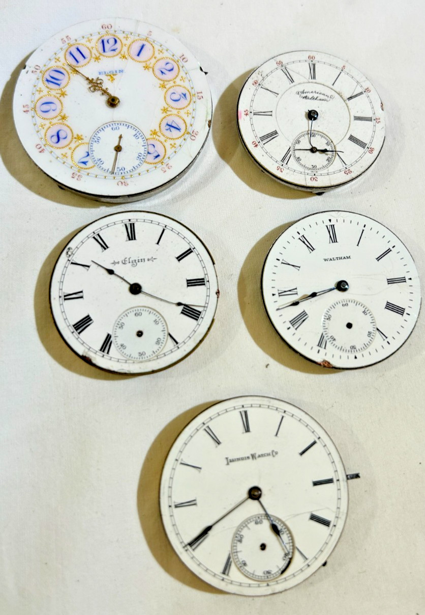 Antique Pocket Watch Movement And Dial Lot of 5 Elgin , Waltham, Illinois