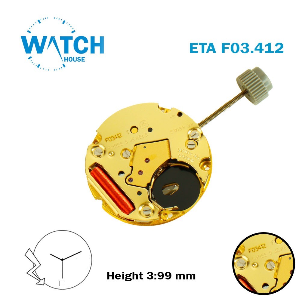 ETA F03.412 Swiss Quartz Movement, White Date Disk AT 6, Height 3.99 mm – NOS –