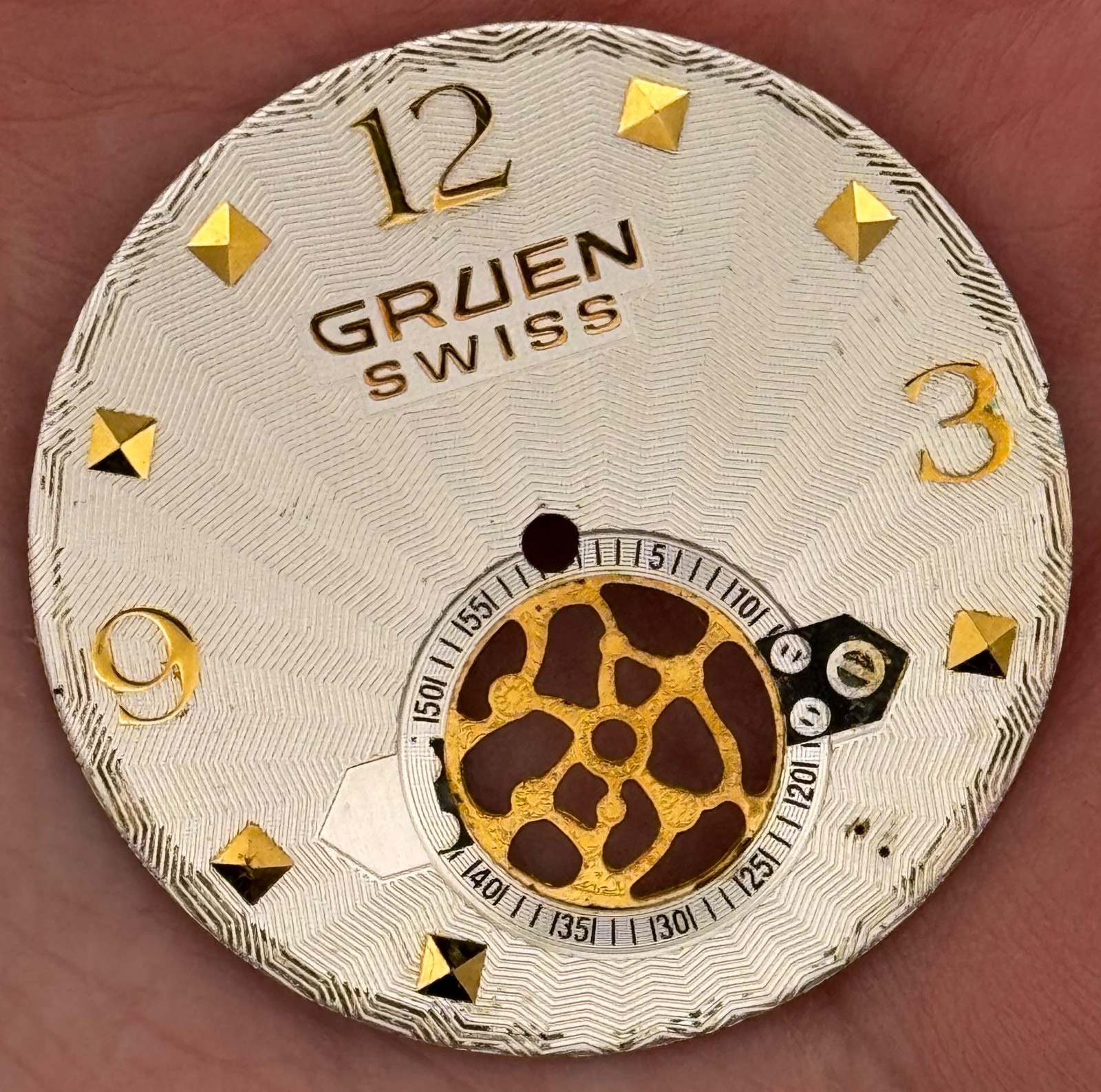 UNIQUE 30mm Gruen Swiss ‘Open Heart’ Watch Dial w/Raised Gold Indices – READ!
