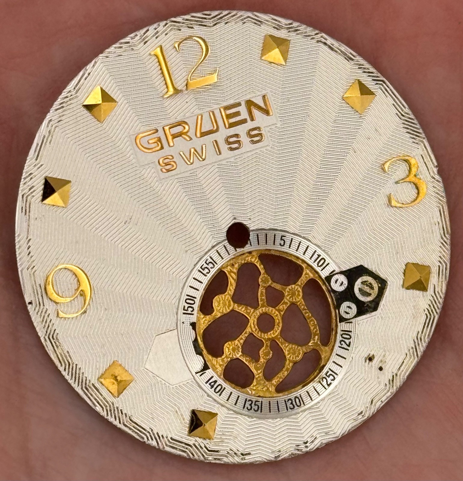 UNIQUE 30mm Gruen Swiss ‘Open Heart’ Watch Dial w/Raised Gold Indices – READ!