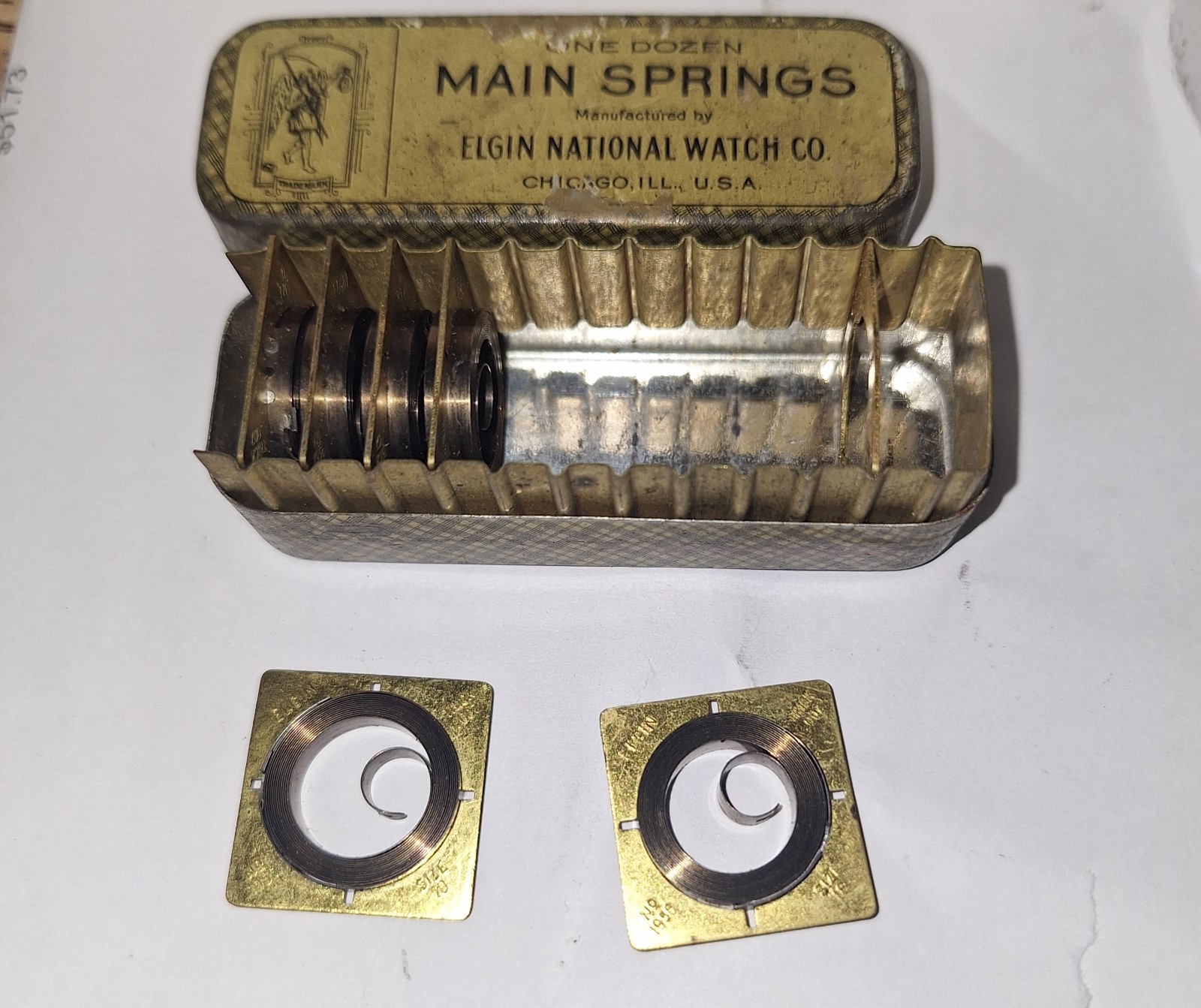 6 X Elgin Size 18 Mainspring Part No. 1956 Thick .007 in Original Tin Box N.O.S.