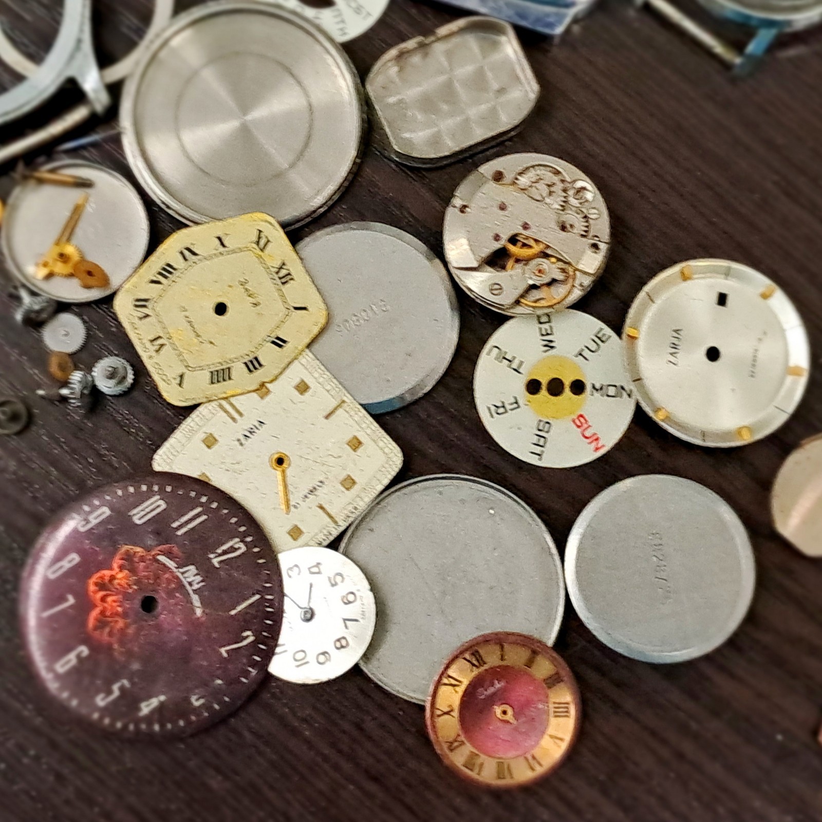 Vintage Soviet Watch Parts Lot– Raketa, Pobeda, Slava, Zarja – Cases, Dials–USSR