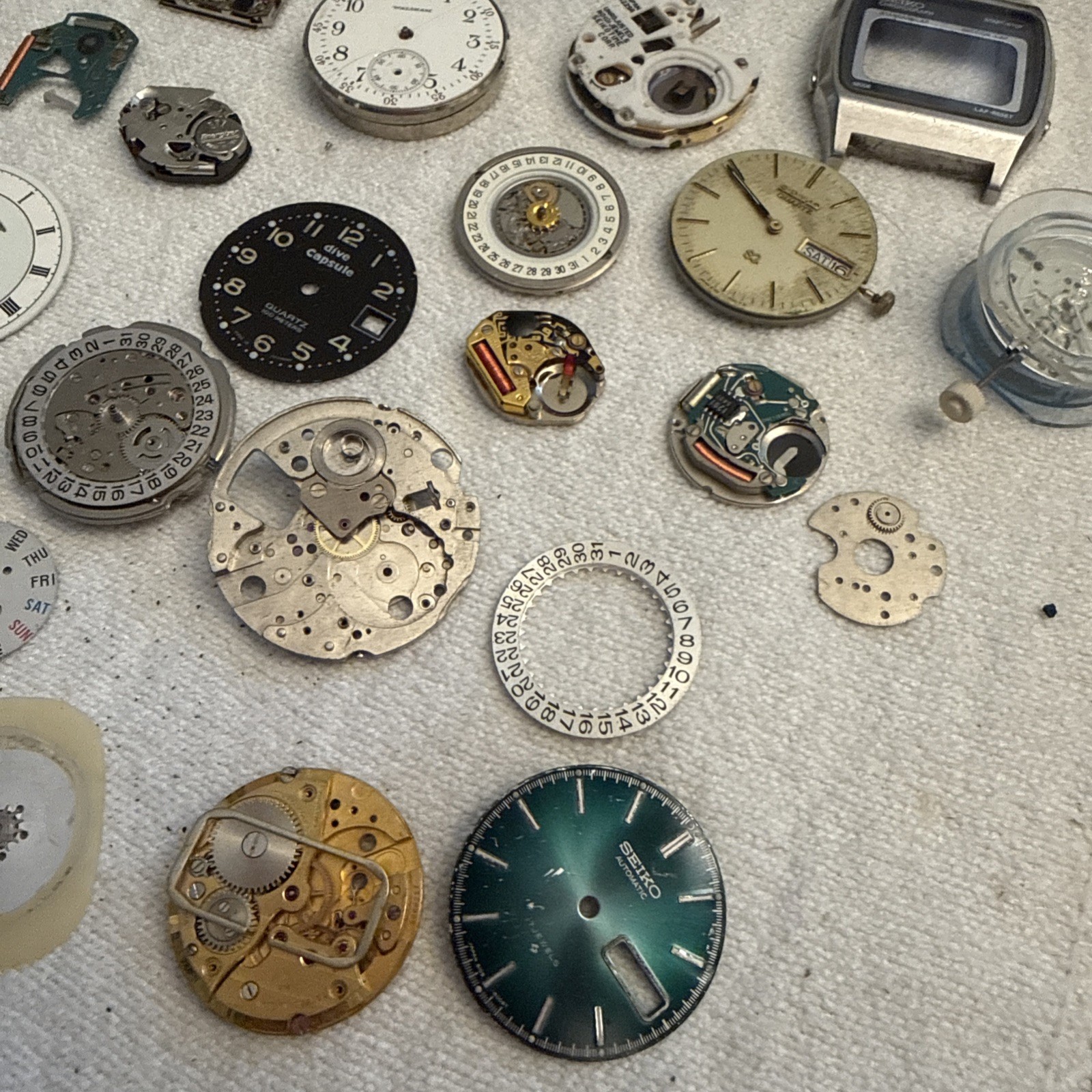 Vintage Watchmaker Repair Lot- Mixed Movements, Dials, Gears