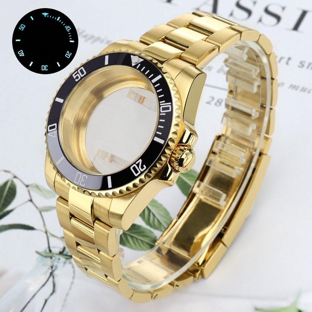 Sapphire 40mm Luxury SUB Golden Watch Case Date+Band For Seiko NH35 38 Movement