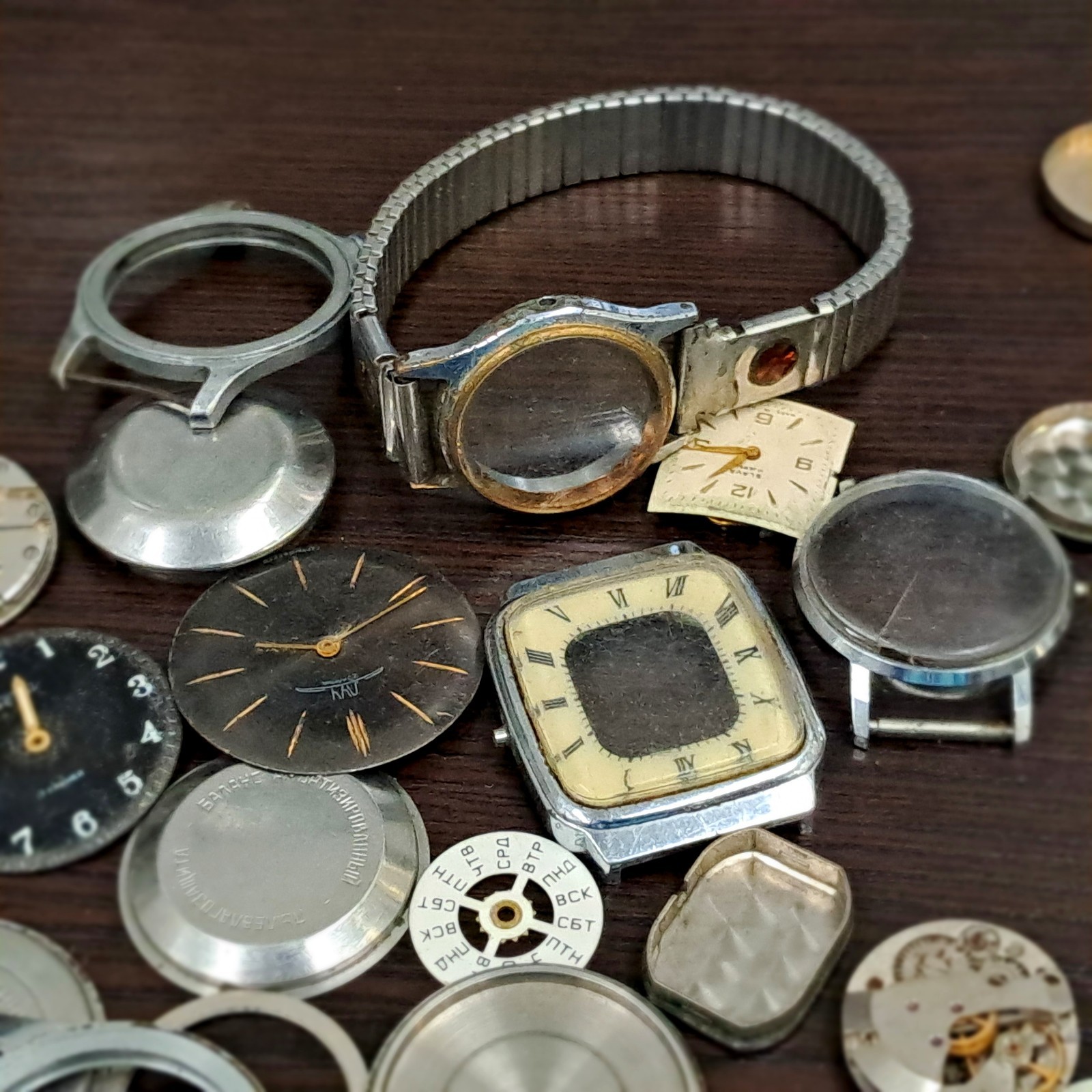 Vintage Soviet Watch Parts Lot– Raketa, Pobeda, Slava, Zarja – Cases, Dials–USSR
