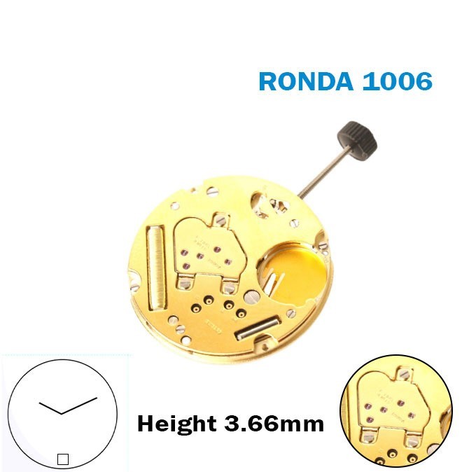RONDA 1006 Swiss Watch Movement–2 Hands-Blue Disk At 6-0 Jewels-H:3.66mm.