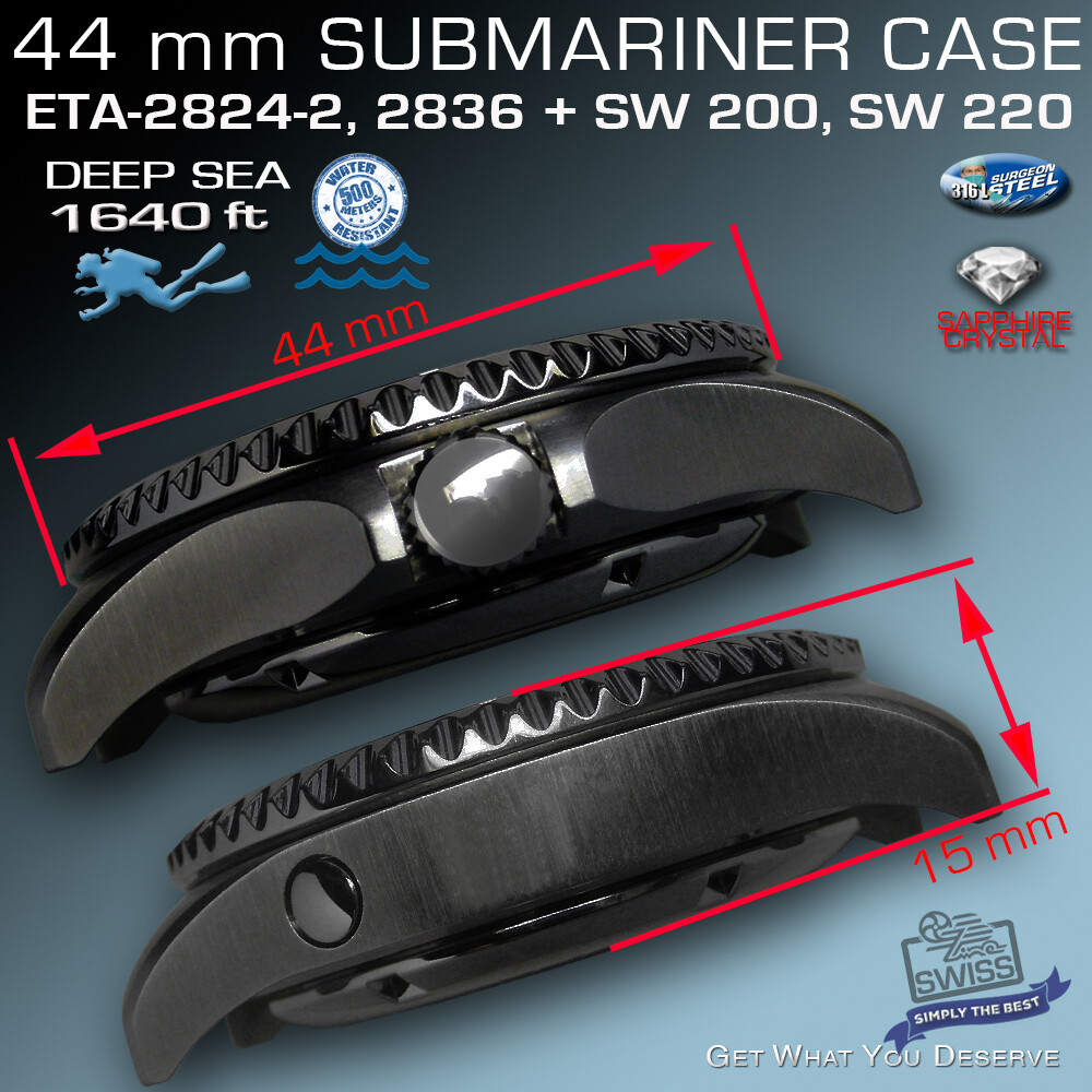 SET: CASE SUBMARINER 500M,1640 FT, BLACK PVD, DIAL/HANDS/BAND, FIT ETA2824/SW200