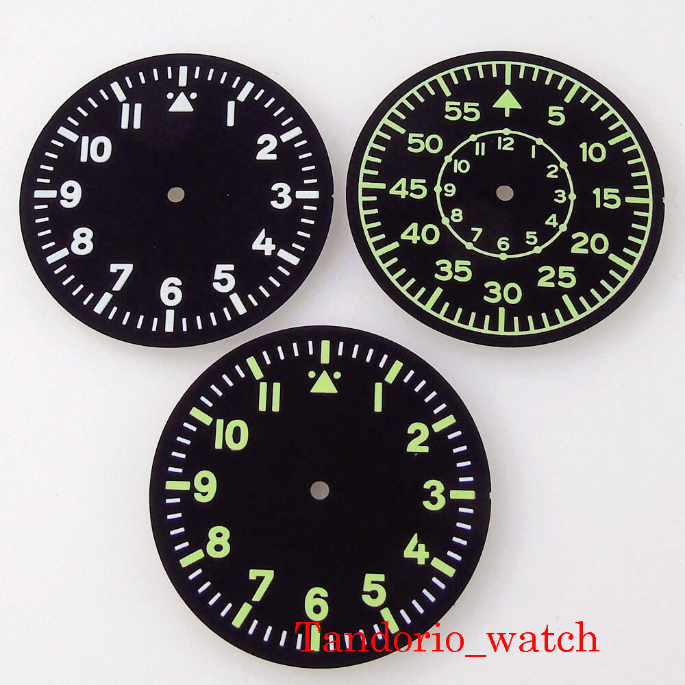 35.5mm Black Sterile Watch Dial Hands Green Luminous Fit NH35 NH36 MIYOTA82 ETA