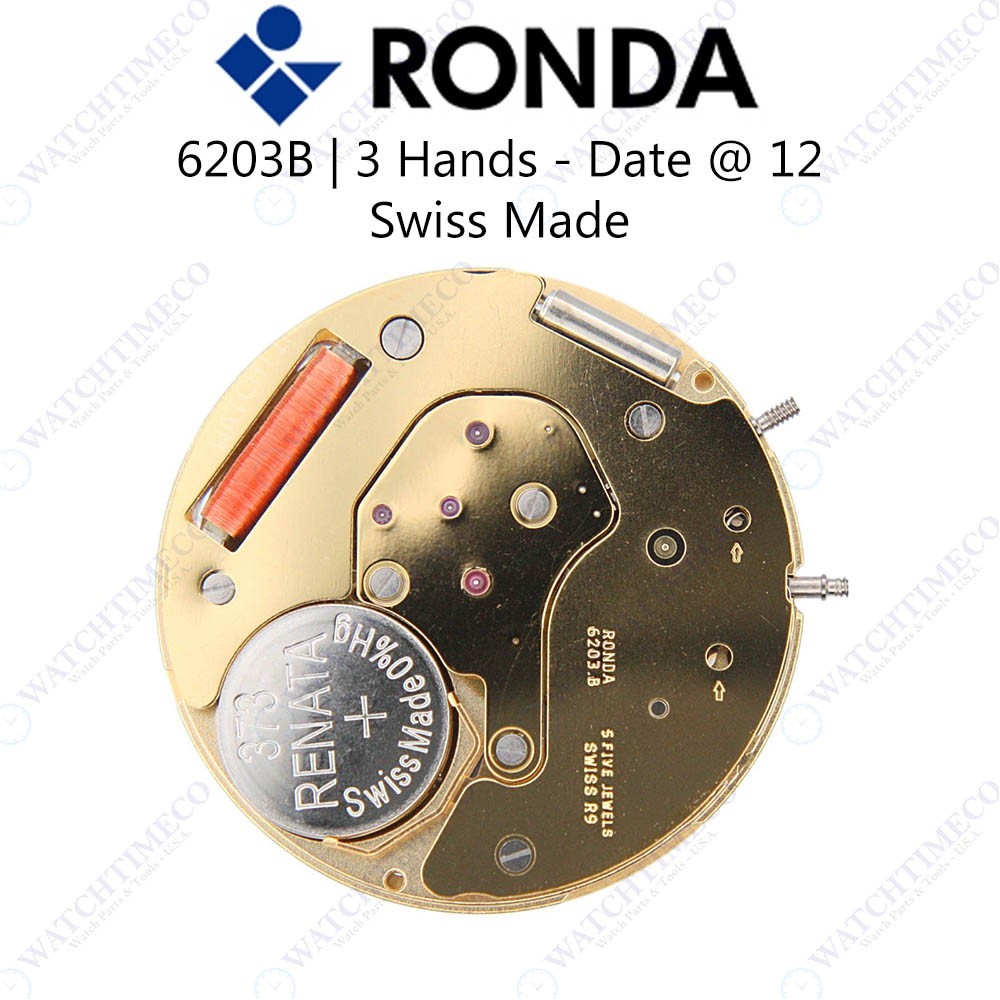 Genuine Ronda 6203B Watch Movement Swiss Made 3 Hands, Date at 12