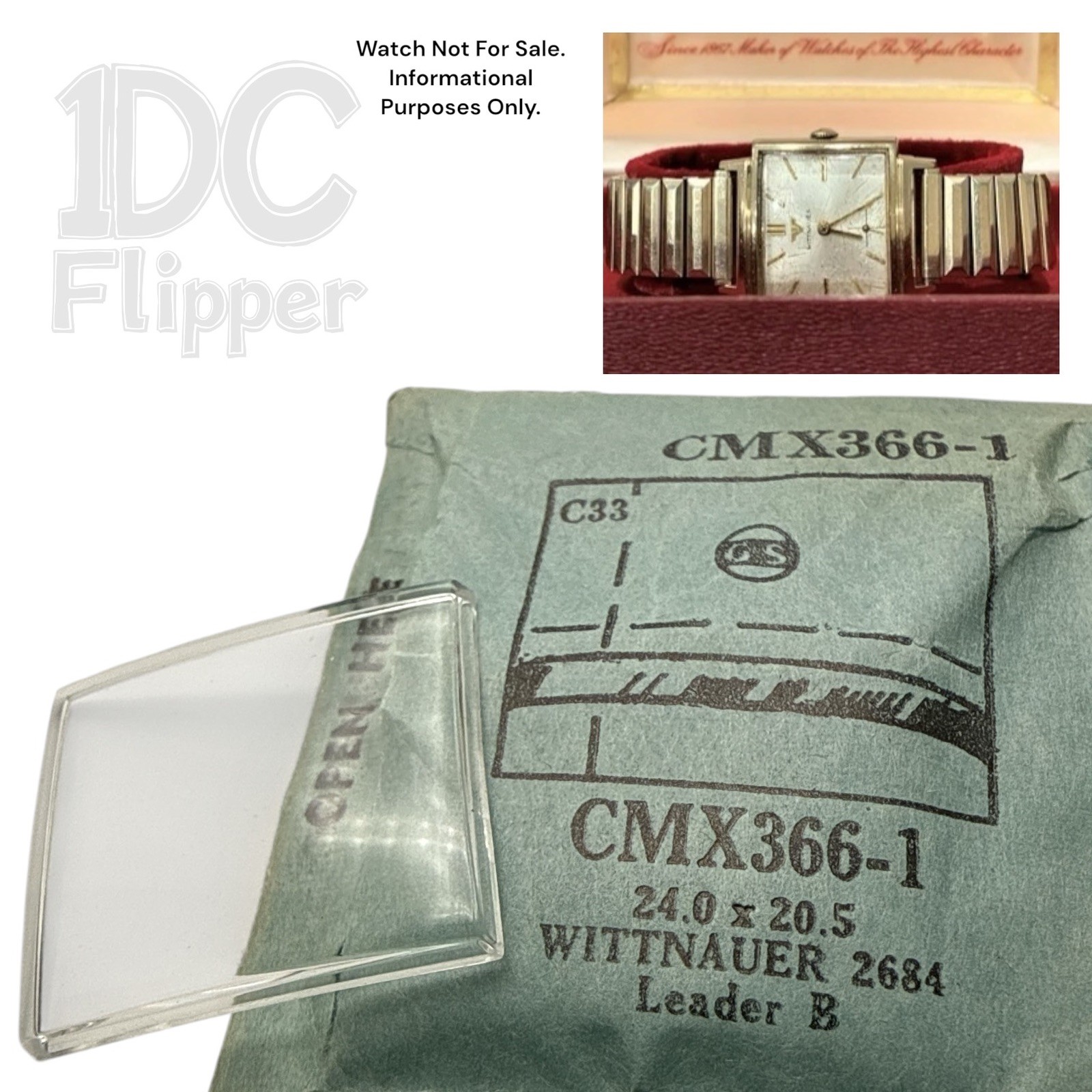 Wittnauer Watch Crystal G-S CMX366-1 24.0 x 20.5 Case 2684 Rectangle Shape NOS