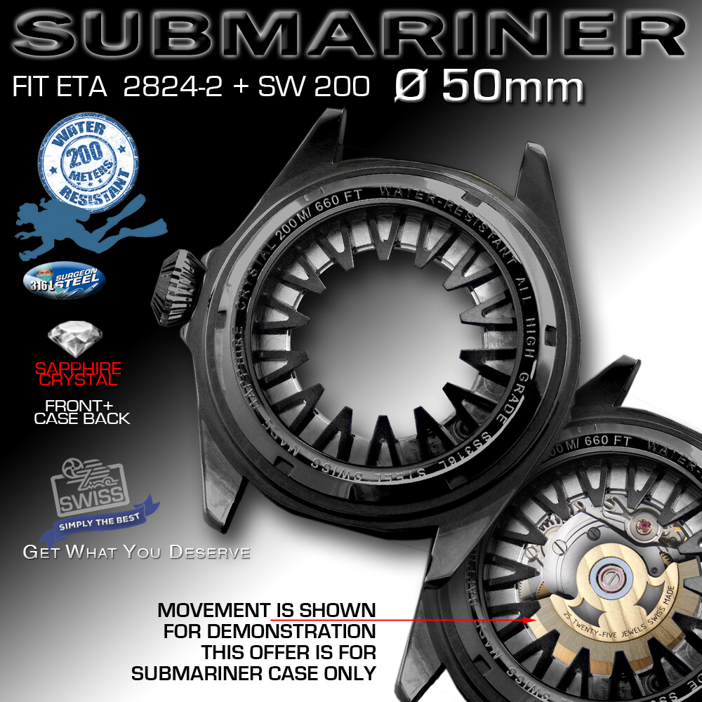 SUBMARINE CASE Ø 50 MM, 200M ATM, ETA 2824-2 OR SW 200, ST-STEEL, BLACK PVD