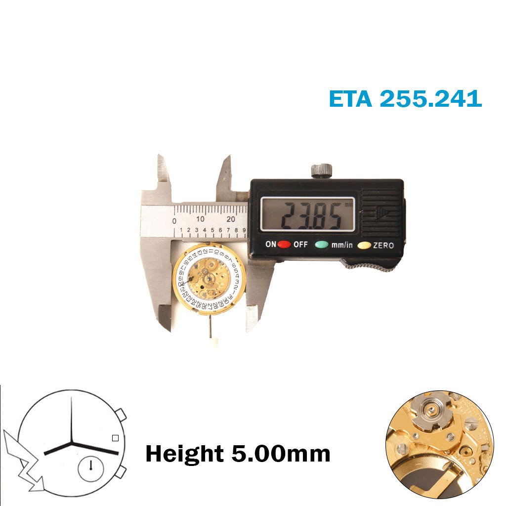 ETA 255.241 Swiss Movement-3 Hands-White Date Disk At 3-Without Hour Wheel.