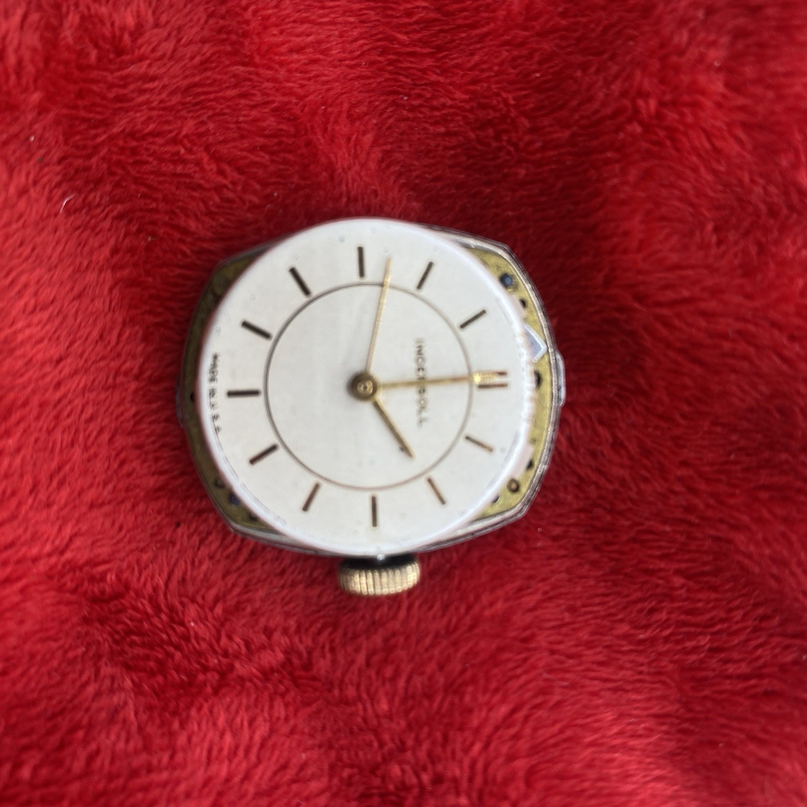 Antique Ingersoll watch movement w dial and hands for parts or repair Made USA