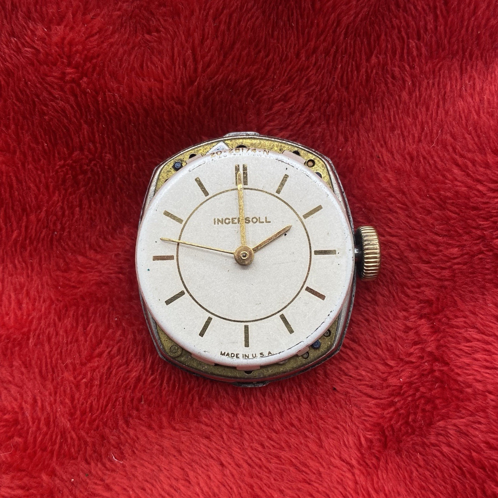 Antique Ingersoll watch movement w dial and hands for parts or repair Made USA