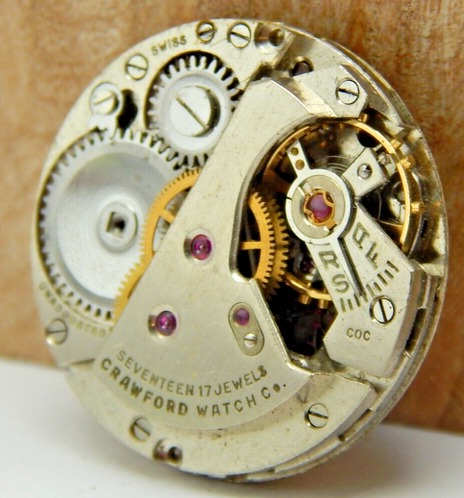 Vintage Crawford 17 jewel 23.2mm men’s wrist watch movement with dial and hands