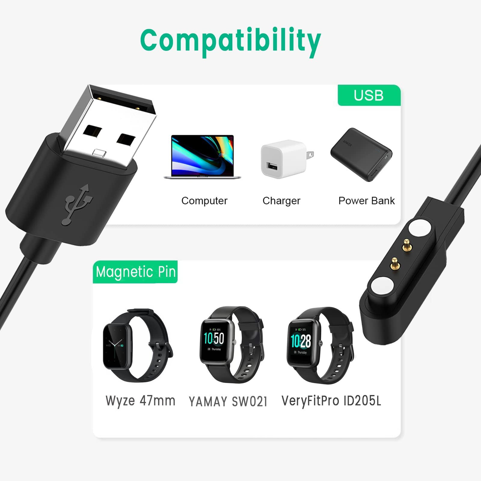 Charger Replacement for Wyze Watch 44mm 47mm Smart Watch, Magnetic 3.3ft 2-Pack