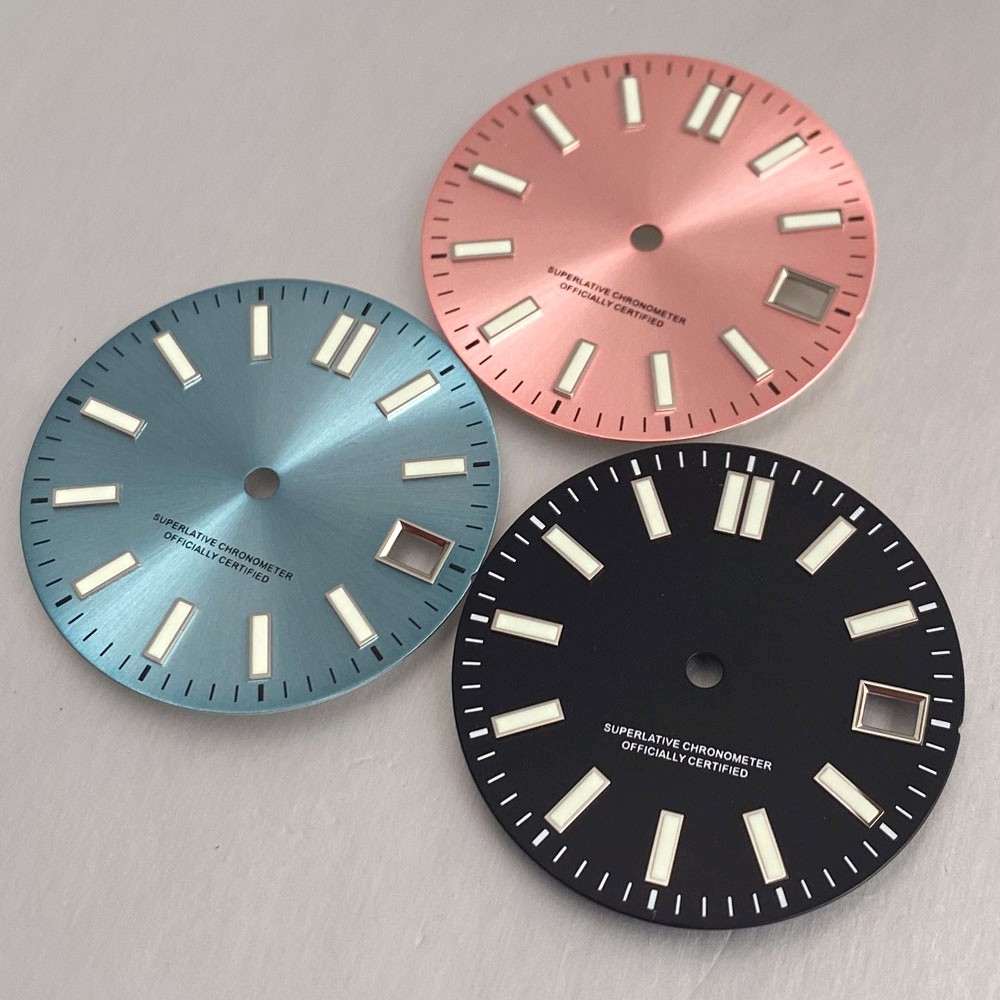 29mm NH35 Watch Dial Black/Pink/Blue Sunburst Face Luminous Baton Markers Date