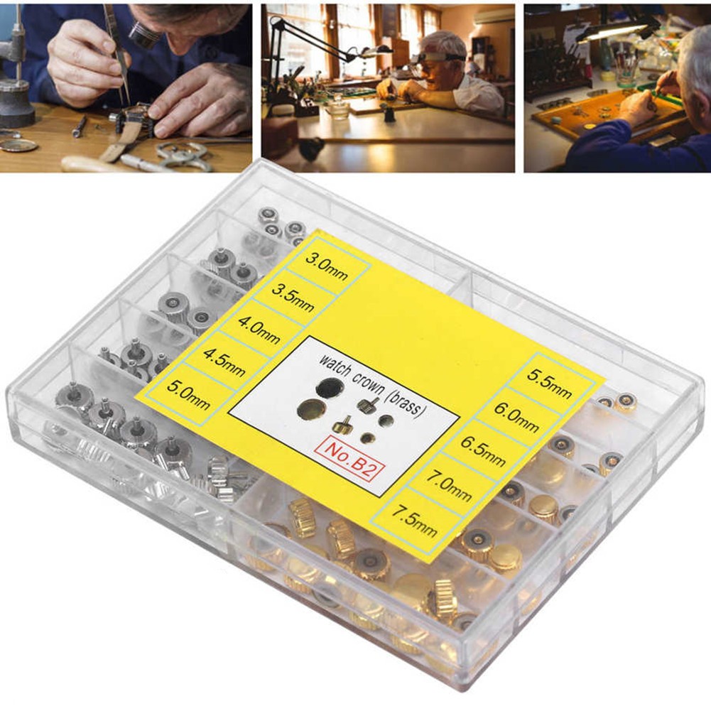 100Pcs Brass Watch Crown Watchmaker Repair Spare Parts Silver&Gold Heads Box B