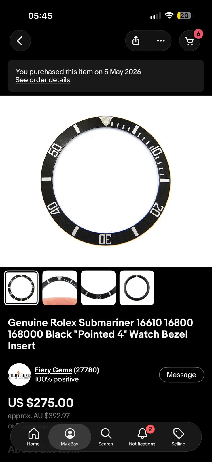 Genuine Rolex Submariner 16610 16800 168000 Black “Pointed 4” Watch Bezel Insert