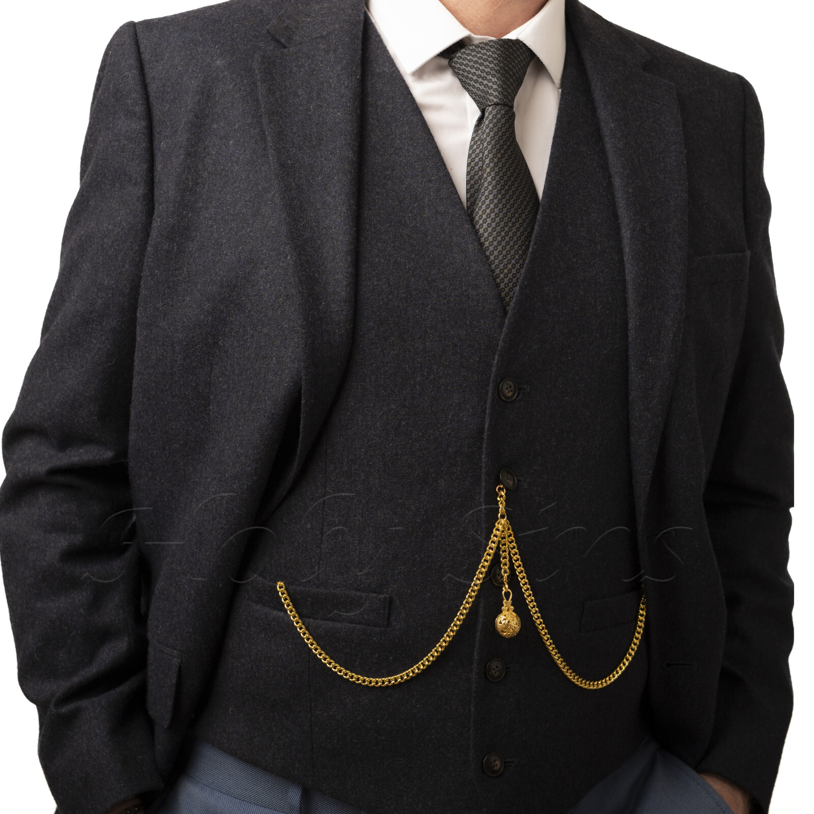 Brand New Gold Colour Double Albert Pocket Watch Fob Chain With Hollow Pendant