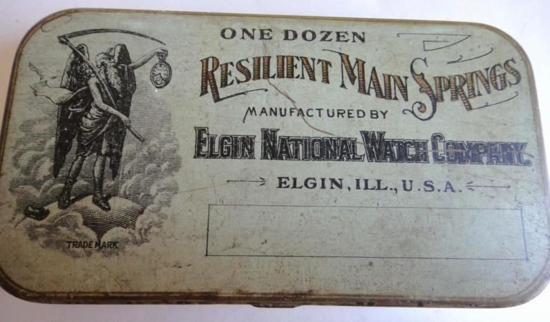 antique ELGIN WATCH MAIN SPRING TIN repair parts ORNATE illinois collectible