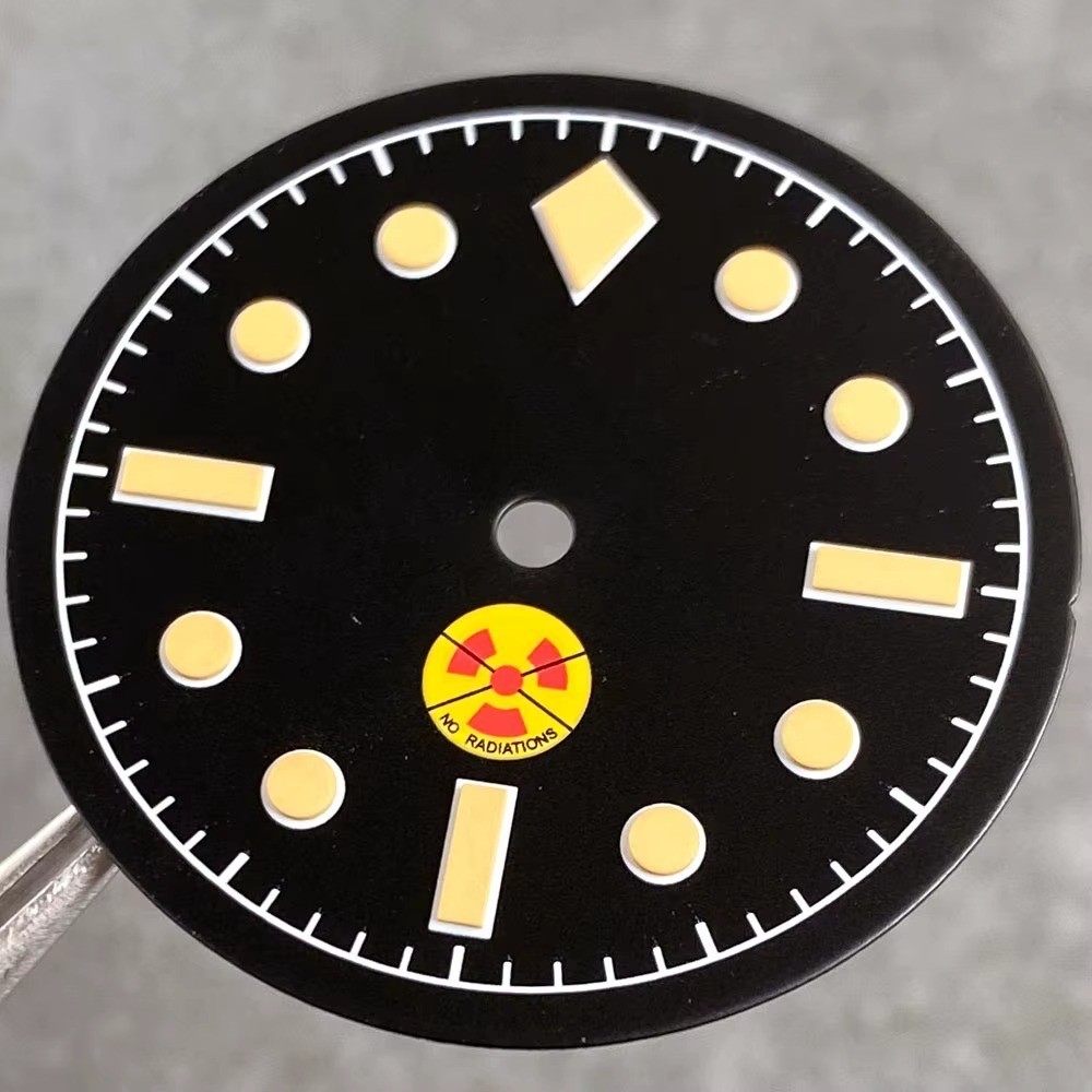 29mm Watch Dial Vintage Fathoms “No Rads” Stamp Green Luminous Matte Black