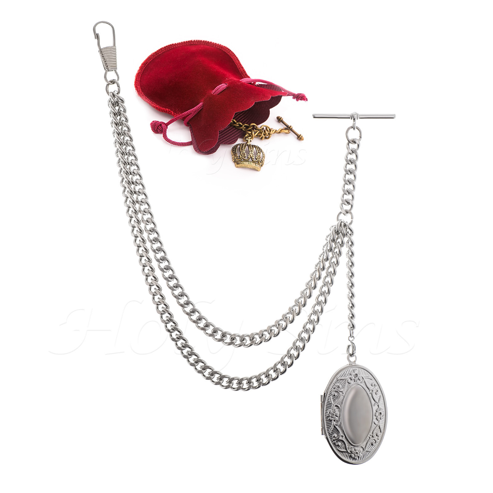 Silver Colour Single Albert Pocket Watch Chain With Pendant 001-S