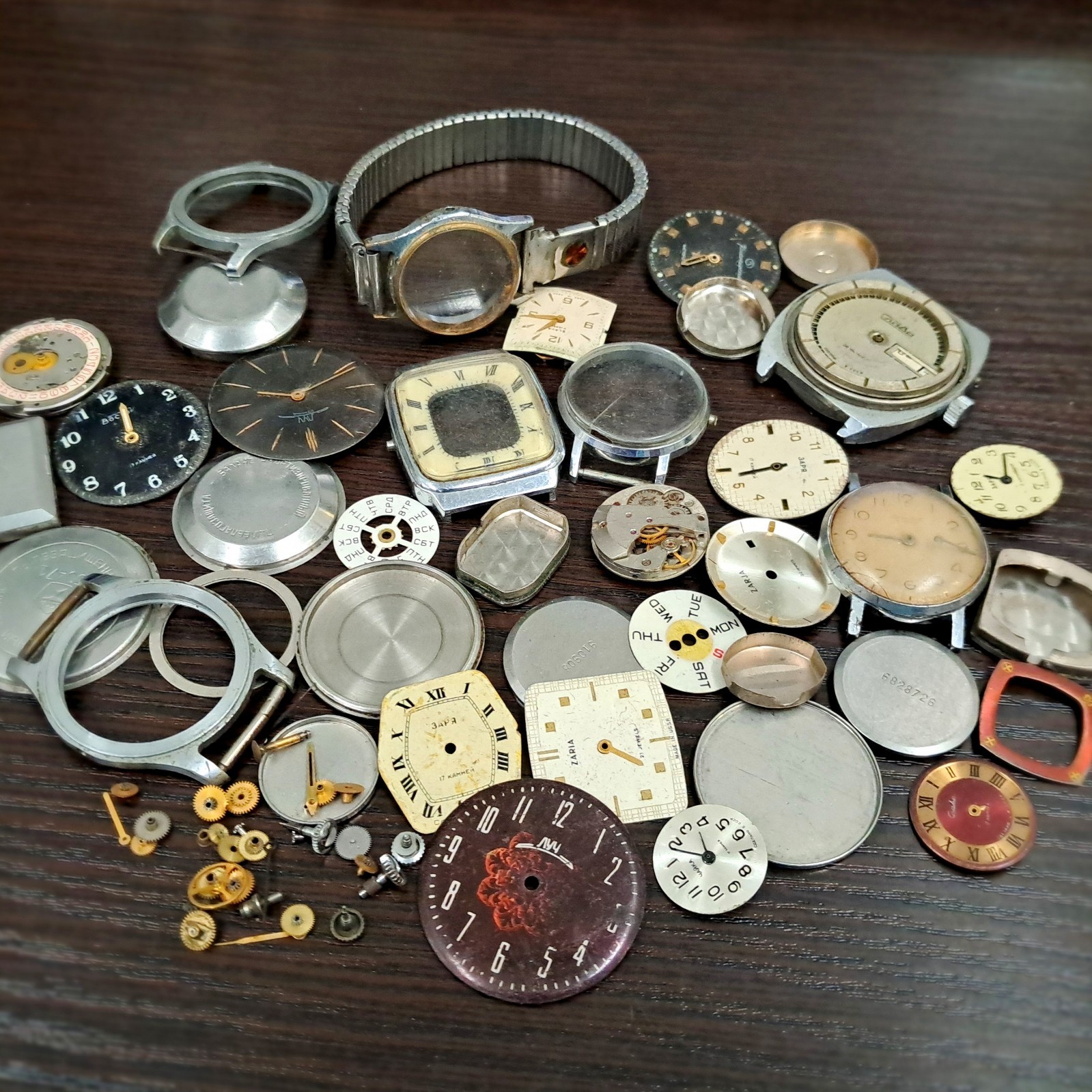 Vintage Soviet Watch Parts Lot– Raketa, Pobeda, Slava, Zarja – Cases, Dials–USSR