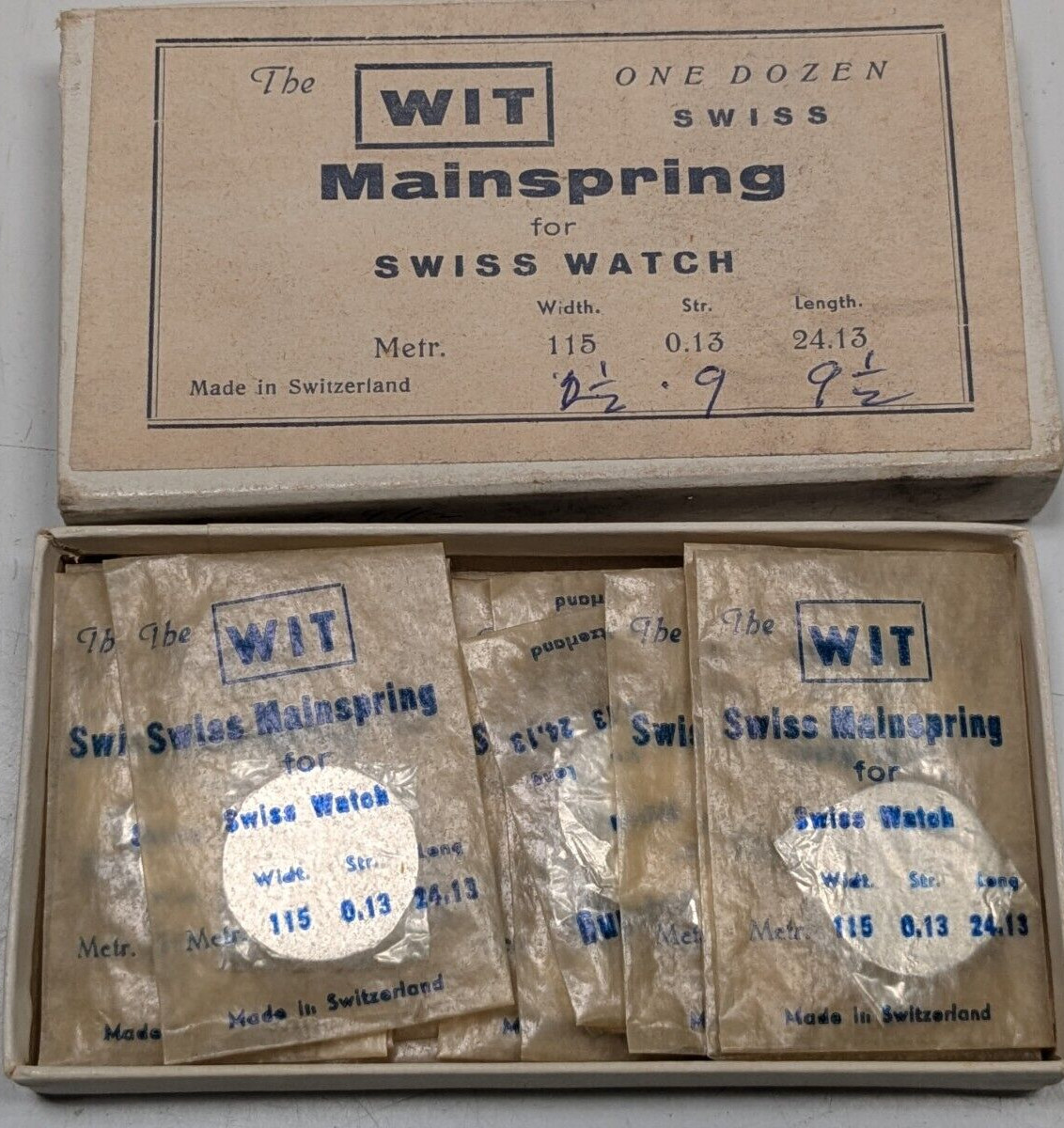 Box of 12 NOS WIT Mainsprings For Swiss Watches 2-1/2 x 9 x 9-1/2 115x.13×24.13