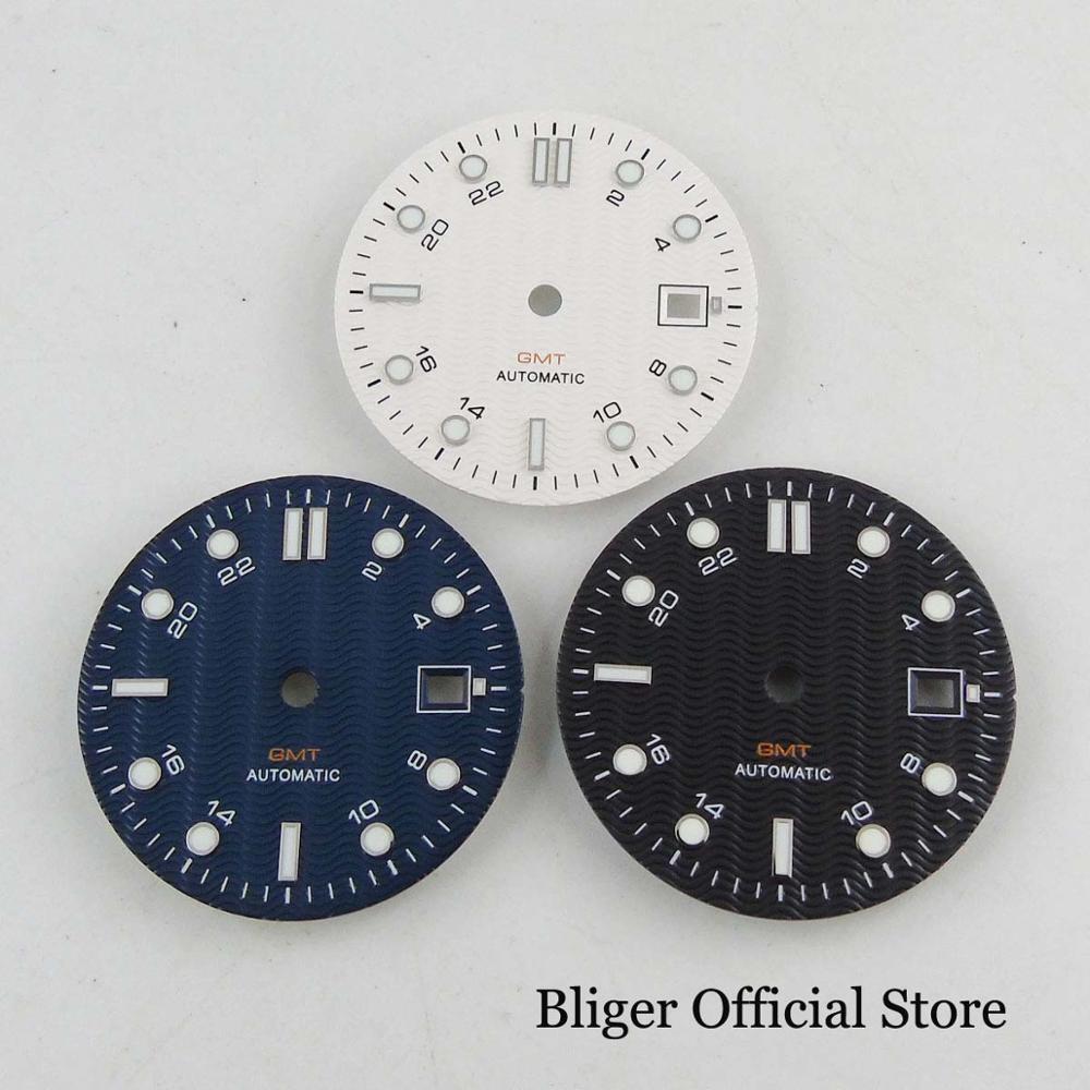 BLIGER 31mm Watch Dial Date Window Fit NH34 GMT NH34A Automatic Movement White