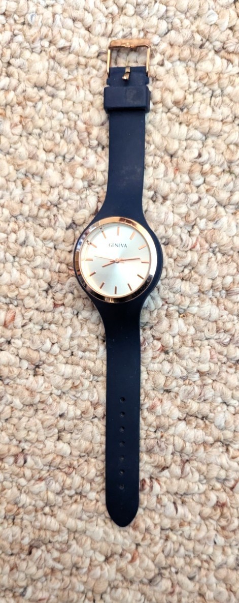 geneva wrist watch gold trim crystal black soft flex buckle band