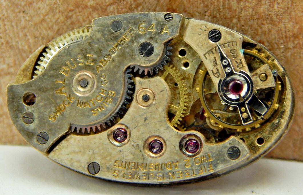 Vintage Albuse 64A 15 jewel 2 adjustment art deco wrist watch movement with dial