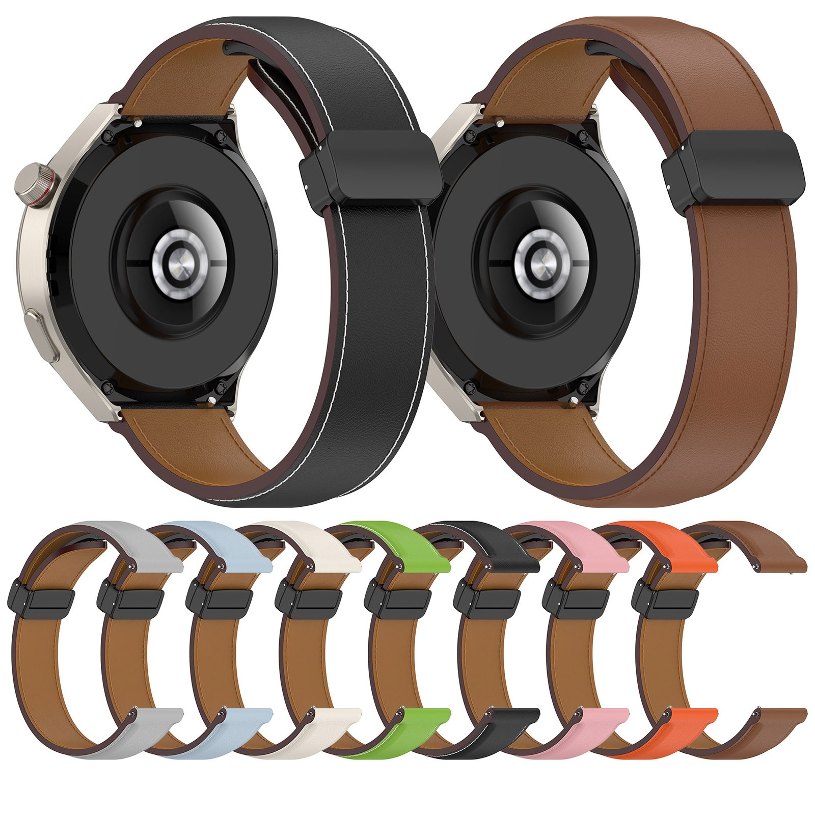 Leather Watch Strap with Folding Buckle for Huawei/Samsung Galaxy/Amazfit Series