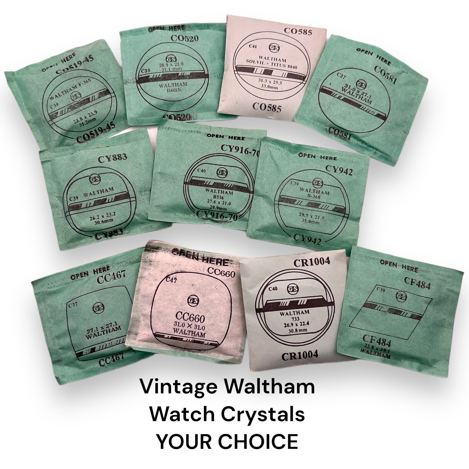 Waltham Watch Crystal x 1 G-S CC, CO & CY Style YOUR CHOICE VTG NOS