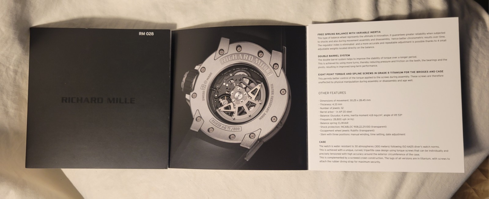RARE Richard Mille RM028 Boutique Exclusive Technical Specification Leaflet