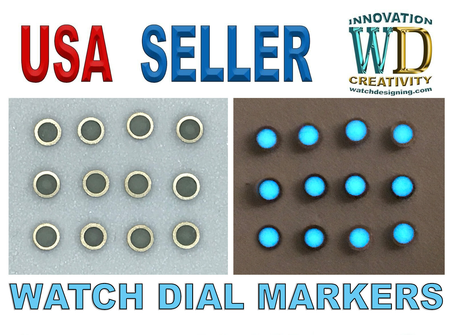 12 Watch Dial Hour Markers BLUE LUME / SILVER Numerals Dots parts Green
